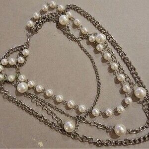 #Vintage #Faux #Pearl multi strand Silver tone Link Chain Necklace